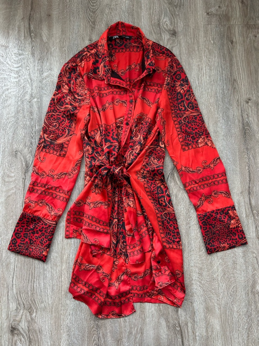Zara Red and Black Oriental Silky Printed Wrap Robe Style Dress With Front Tie
